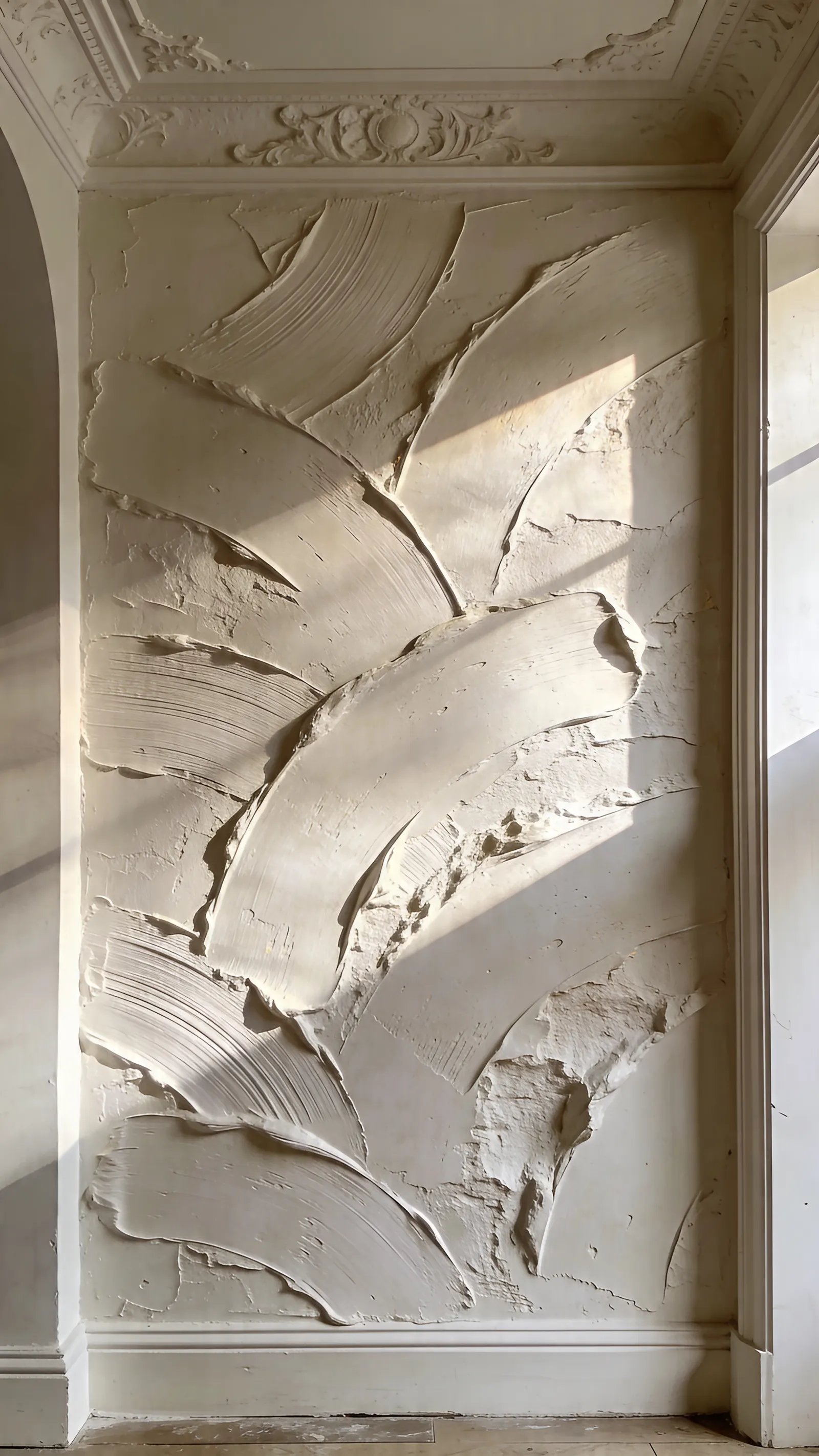Wandveredelung Dortmund: handgespachtelte Wand mit dynamischen Kalkspachtel-Strukturen in einem Altbau mit Stuckdecke. Referenzarbeit MeisterLiga.